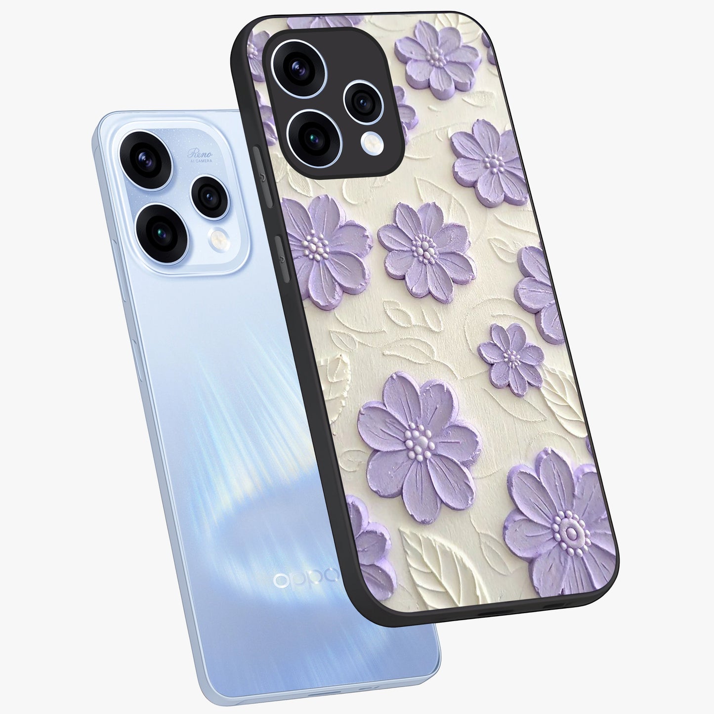 Floral Wall Art With Purple Flowers Glass Case displayed in angled mockup highlighting vibrant purple floral illustration with artistic aesthetic.