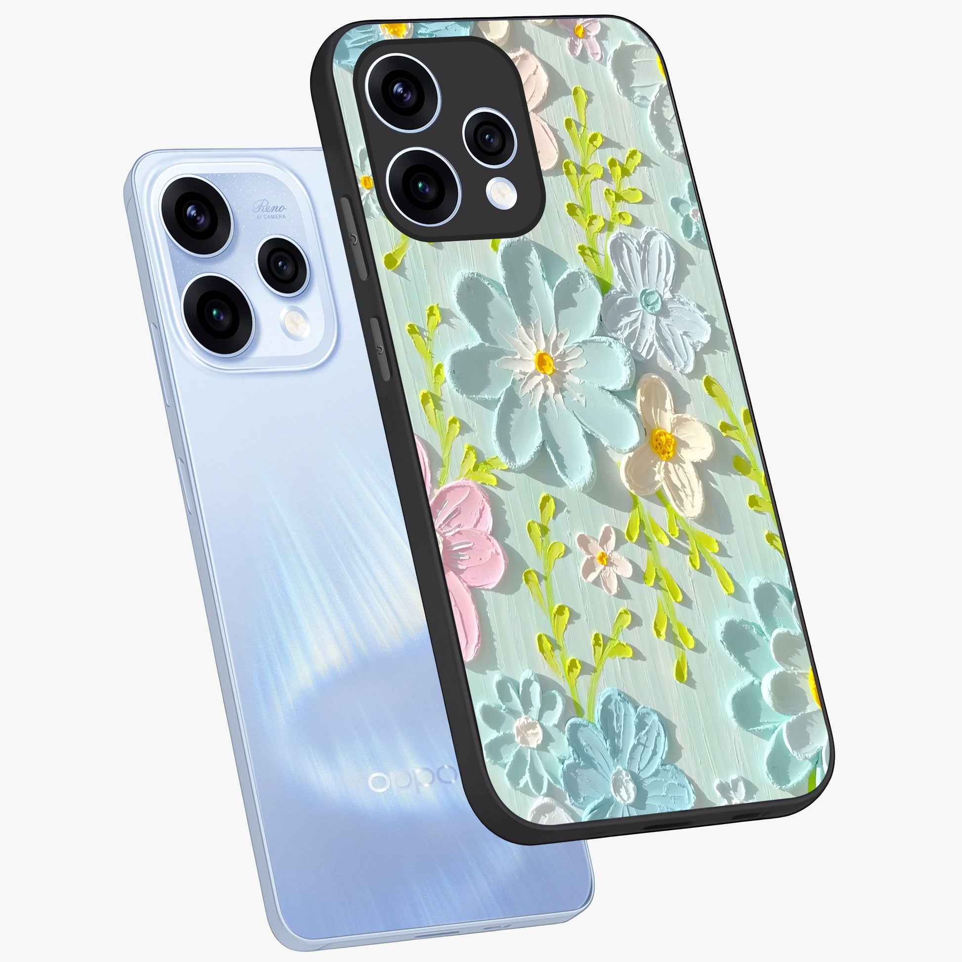 Frosted Petal Garden Glass Case displayed in angled mockup highlighting delicate flower petal design with calm garden aesthetic.