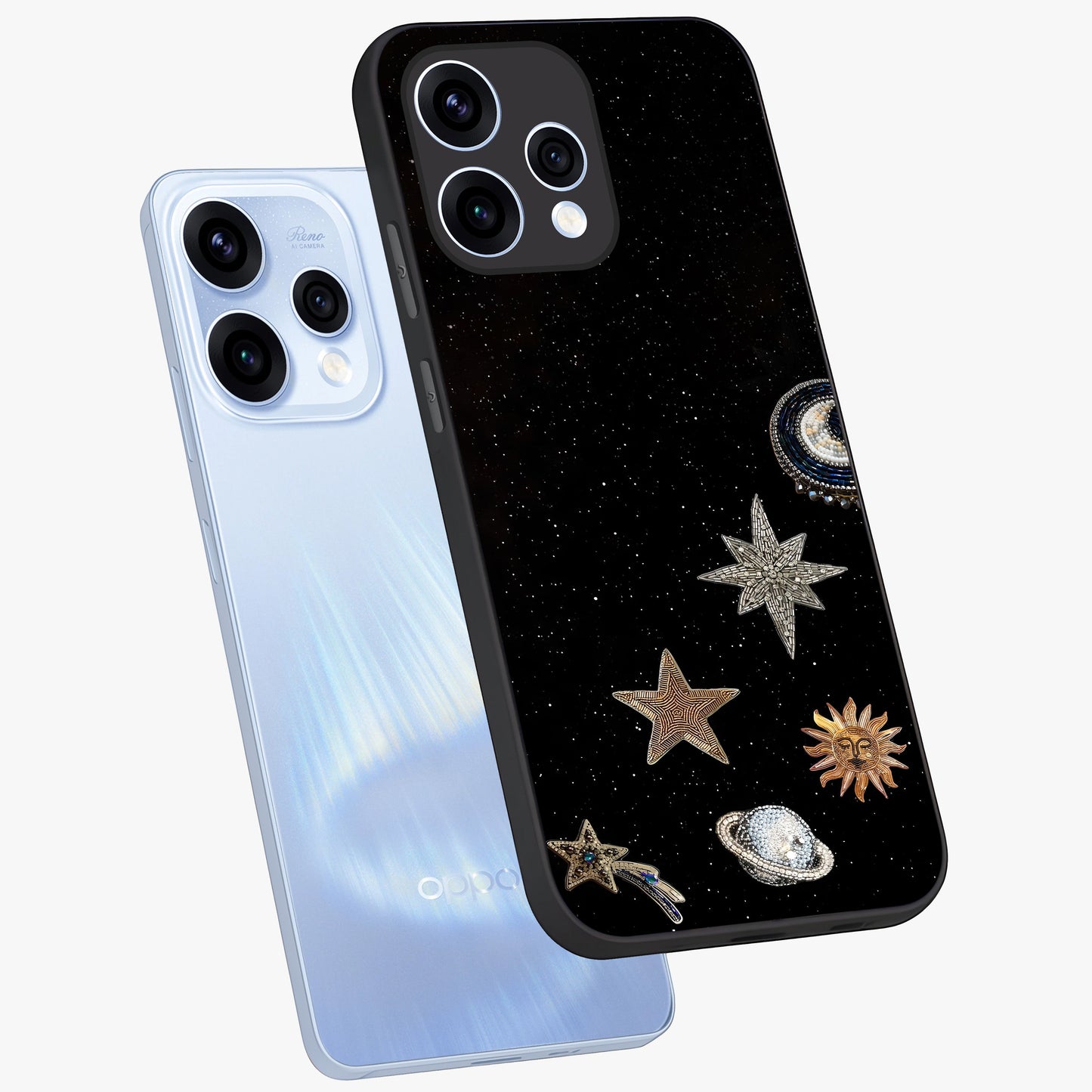 Galactic Charm Glow Glass Case displayed in angled mockup highlighting luminous galaxy inspired design with dreamy aesthetic.