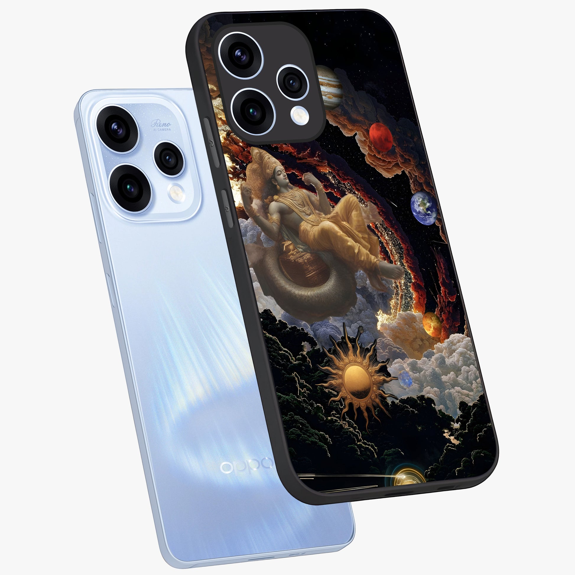 Galactic Divine God Glass Case displayed in angled mockup highlighting powerful celestial deity illustration with galactic aesthetic.