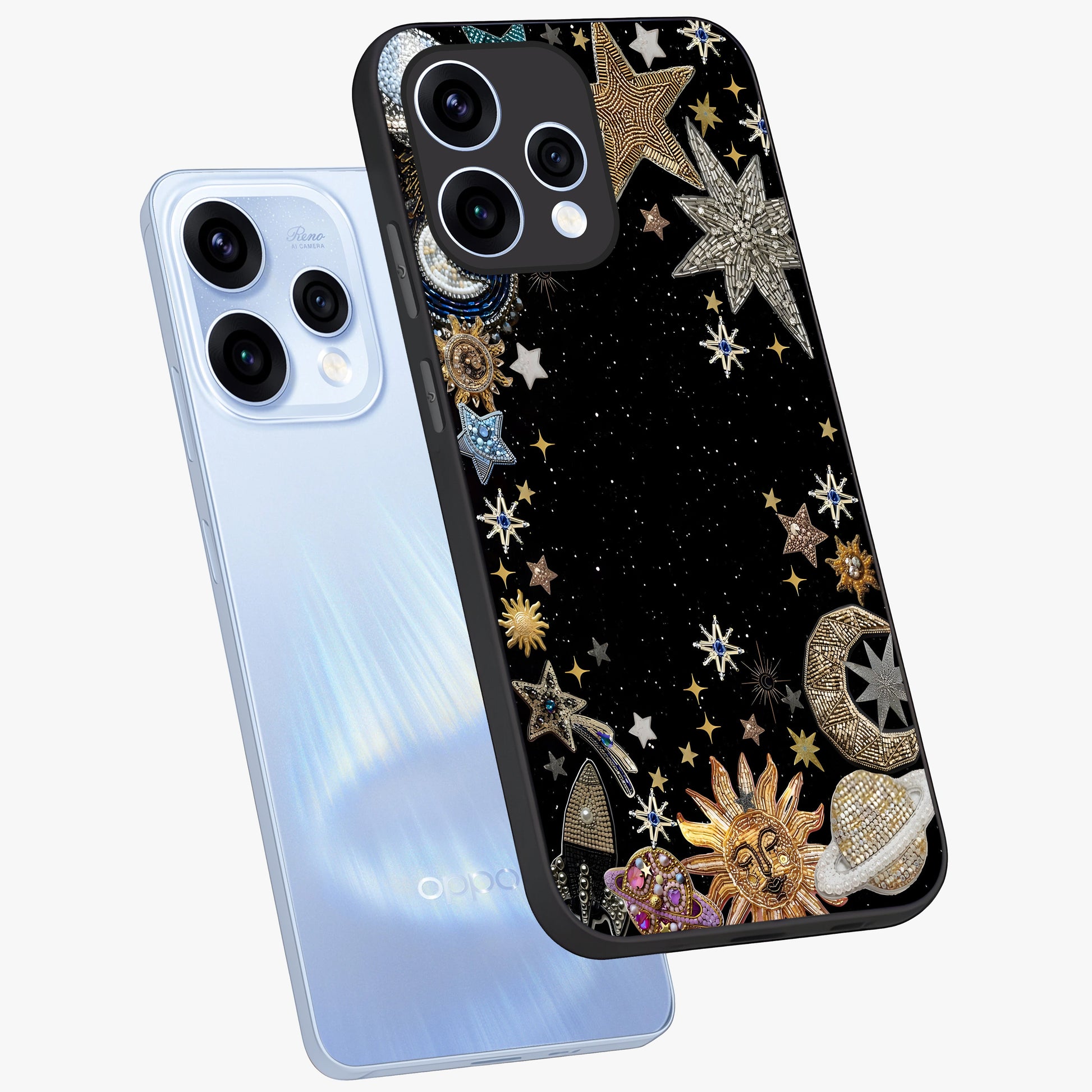 Galactic Jewel Stars Glass Case displayed in angled mockup highlighting shining celestial star design with cosmic aesthetic style.