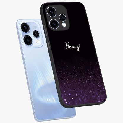 Glittery Purple Bokeh Custom Name Glass Case displayed in angled mockup highlighting glitter bokeh pattern with custom name feature.