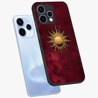 Golden Sun Minimalism Glass Case displayed in angled mockup highlighting clean sun symbol design with modern minimal aesthetic.