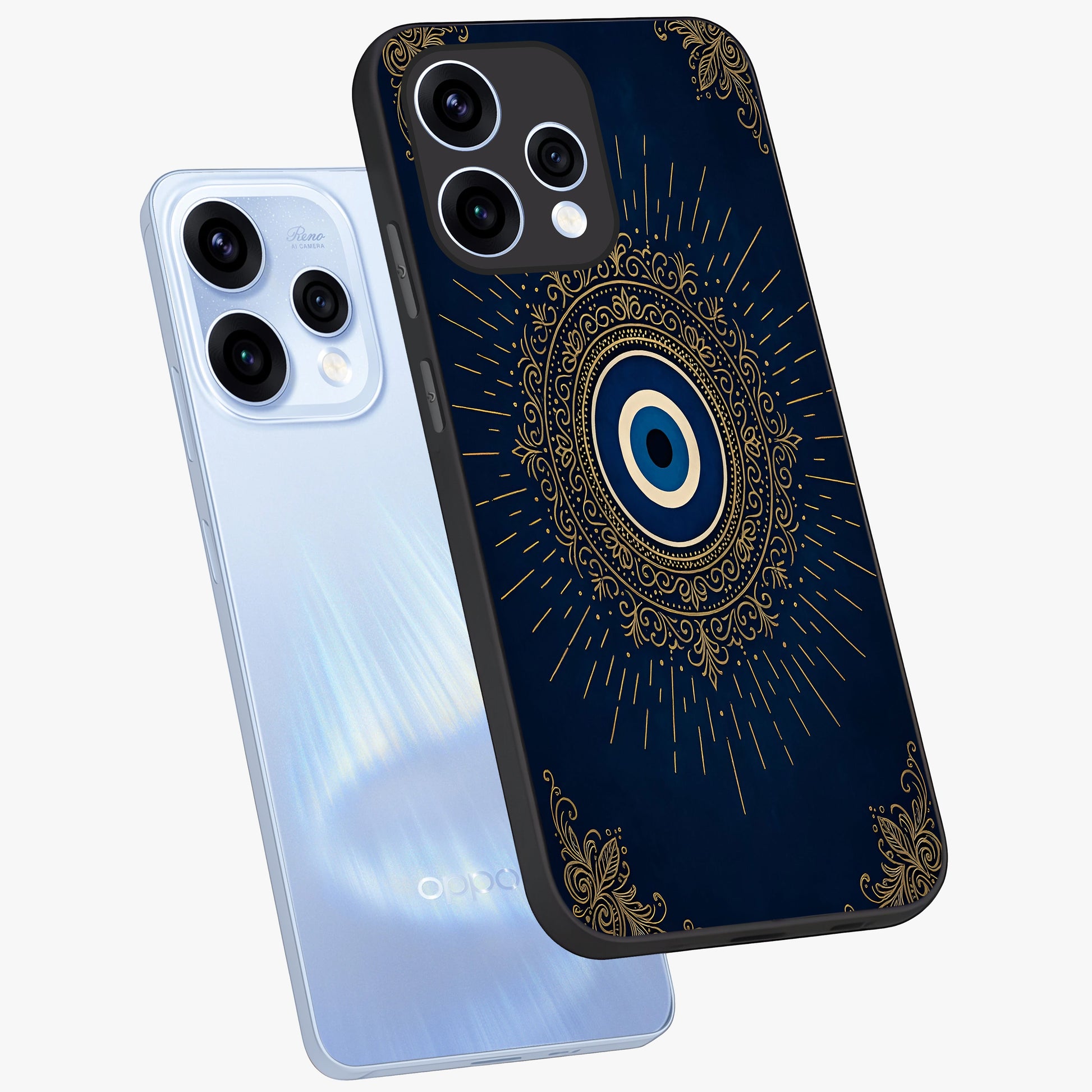 Golden Celestial Charm Glass Case displayed in angled mockup highlighting sparkling cosmic charm design with celestial aesthetic.