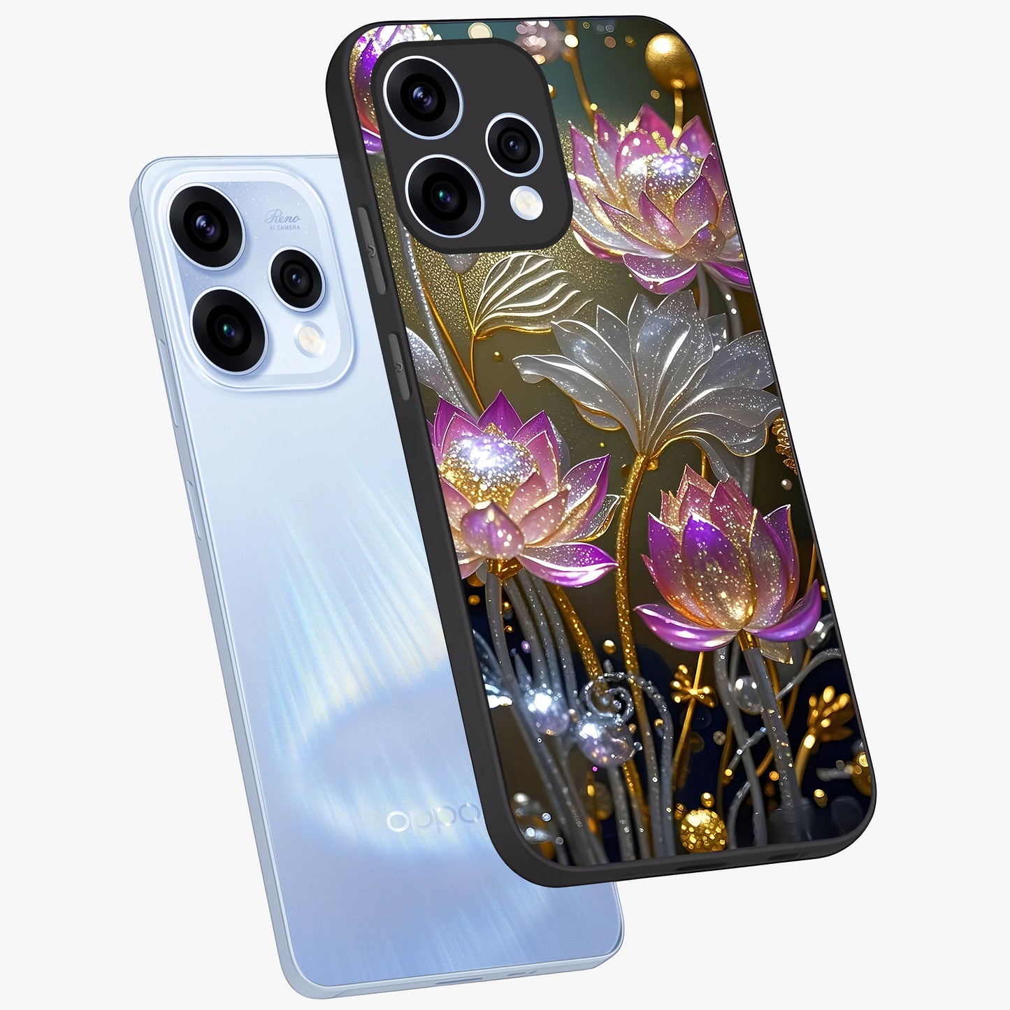 Golden Floral Majesty Glass Case displayed in angled mockup highlighting elegant flower design with royal golden aesthetic.