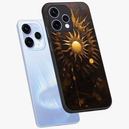 Golden Sun Majesty Glass Case displayed in angled mockup highlighting eerie shadow illustration with gothic aesthetic.