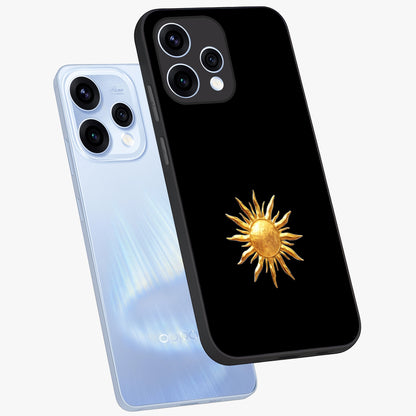 Golden Sun Minimalism Glass Case displayed in angled mockup highlighting eerie shadow illustration with gothic aesthetic.