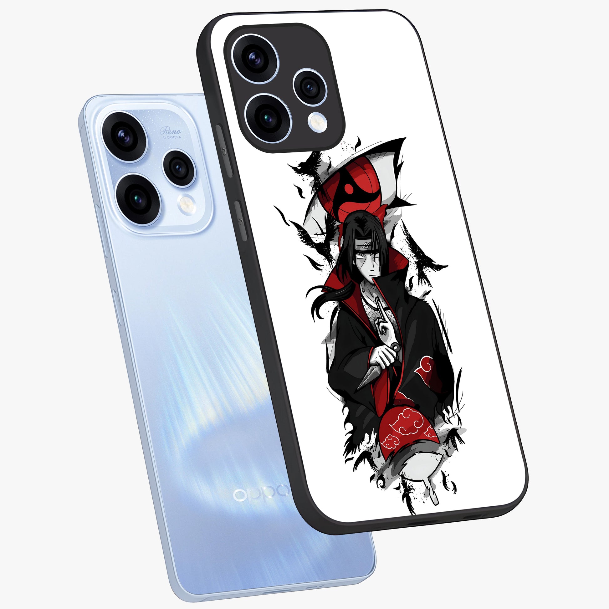 Itachi Limited Edition Naruto Anime Glass Case displayed in angled mockup highlighting dramatic anime illustration with bold action aesthetic.