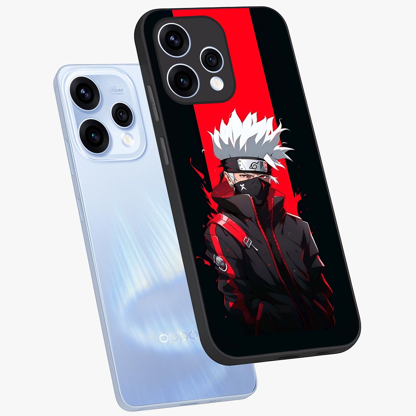 Kakashi Scarlet Shadow Glass Case displayed in angled mockup highlighting dramatic ninja illustration with scarlet themed aesthetic.