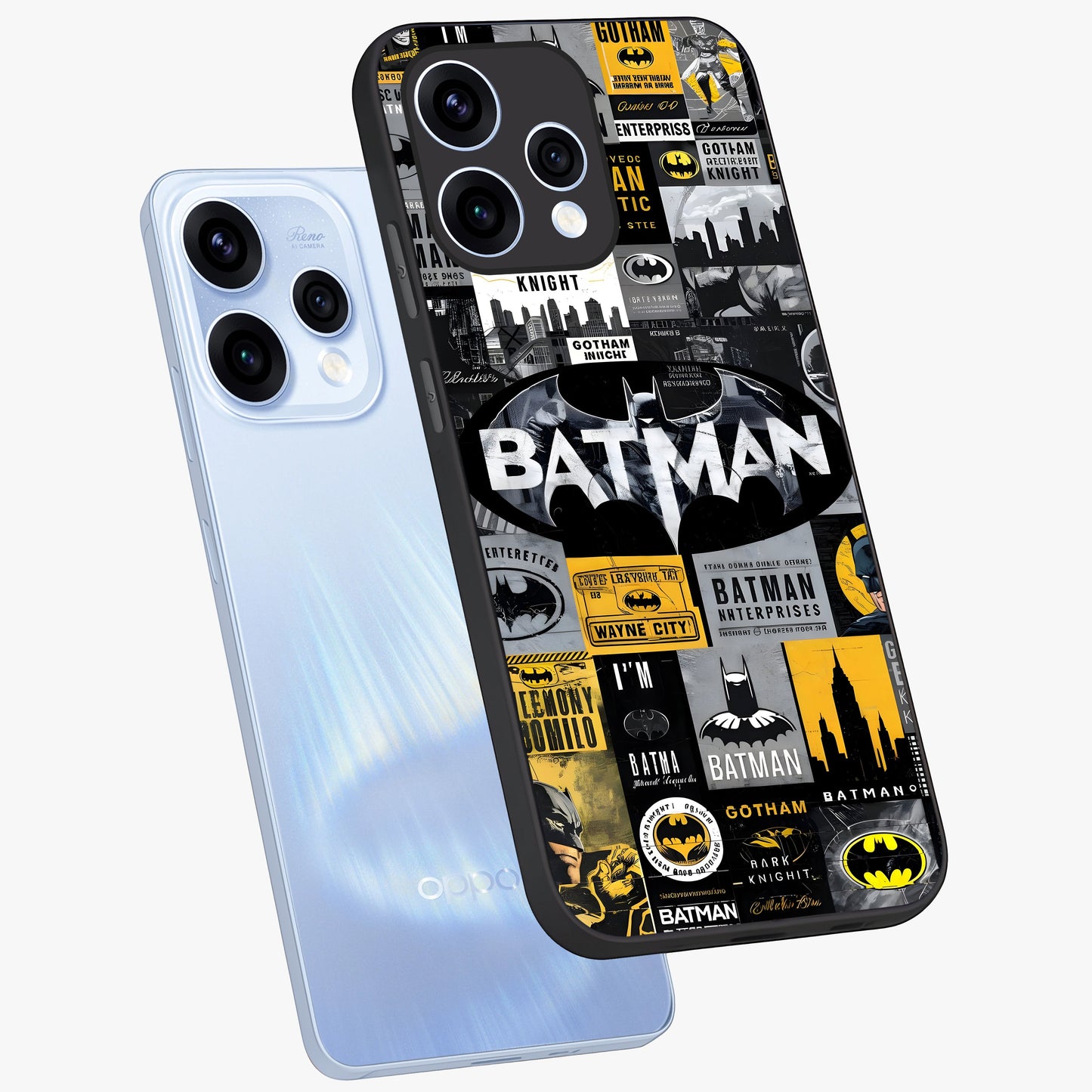 Knight Gotham Rise Glass Case displayed in angled mockup highlighting powerful knight silhouette design with dramatic aesthetic.