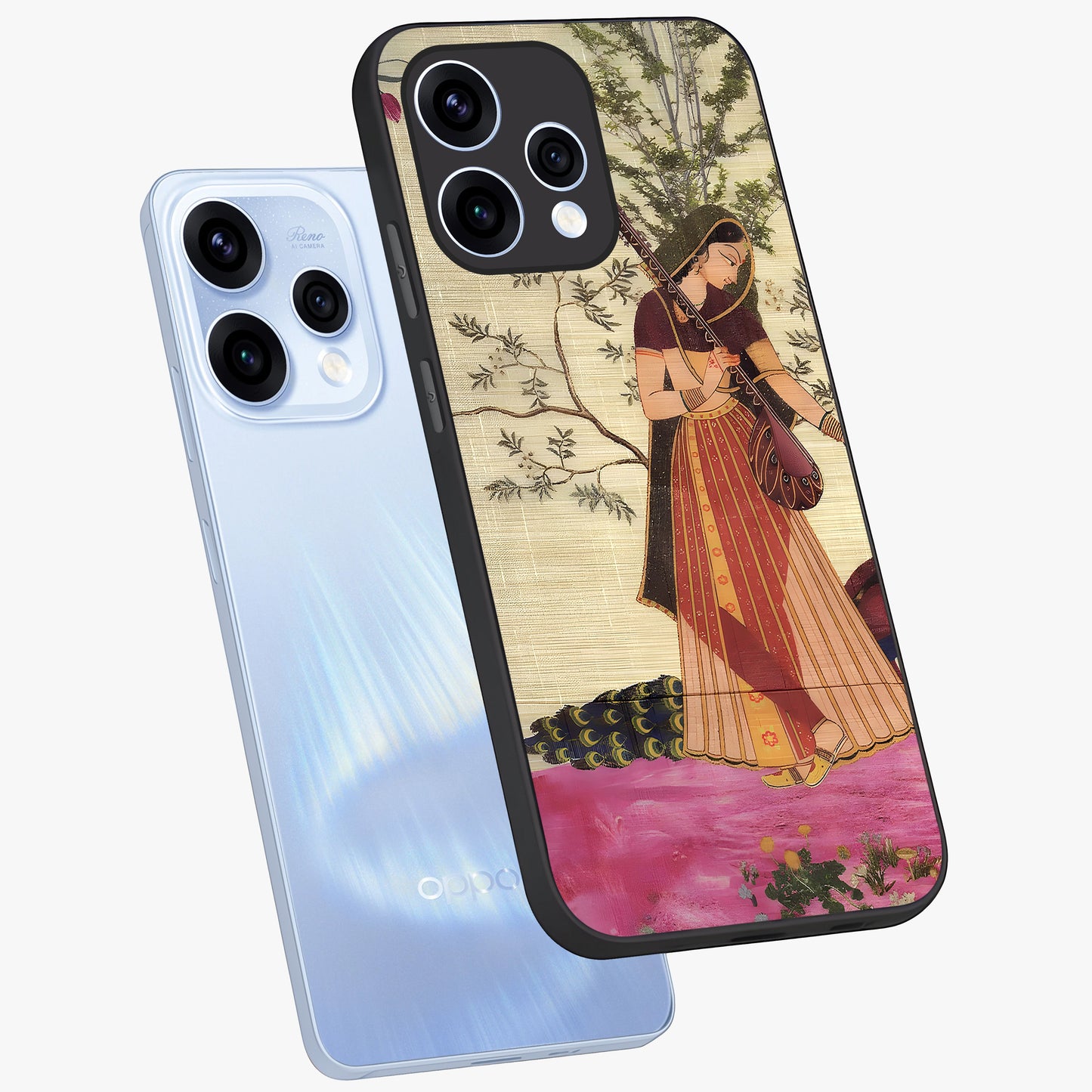 Lady With Veena Art Glass Case displayed in angled mockup highlighting graceful musical illustration with cultural artistic aesthetic.