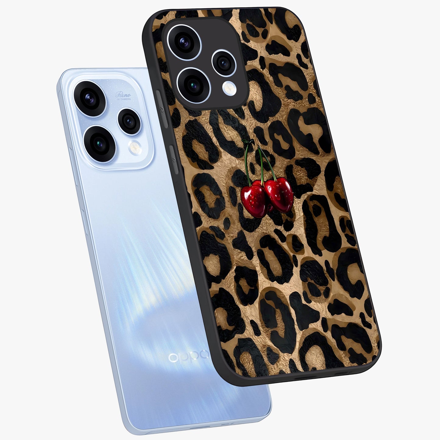 Leopard Wild Cherry Glass Case displayed in angled mockup highlighting bold animal print design with playful cherry aesthetic.
