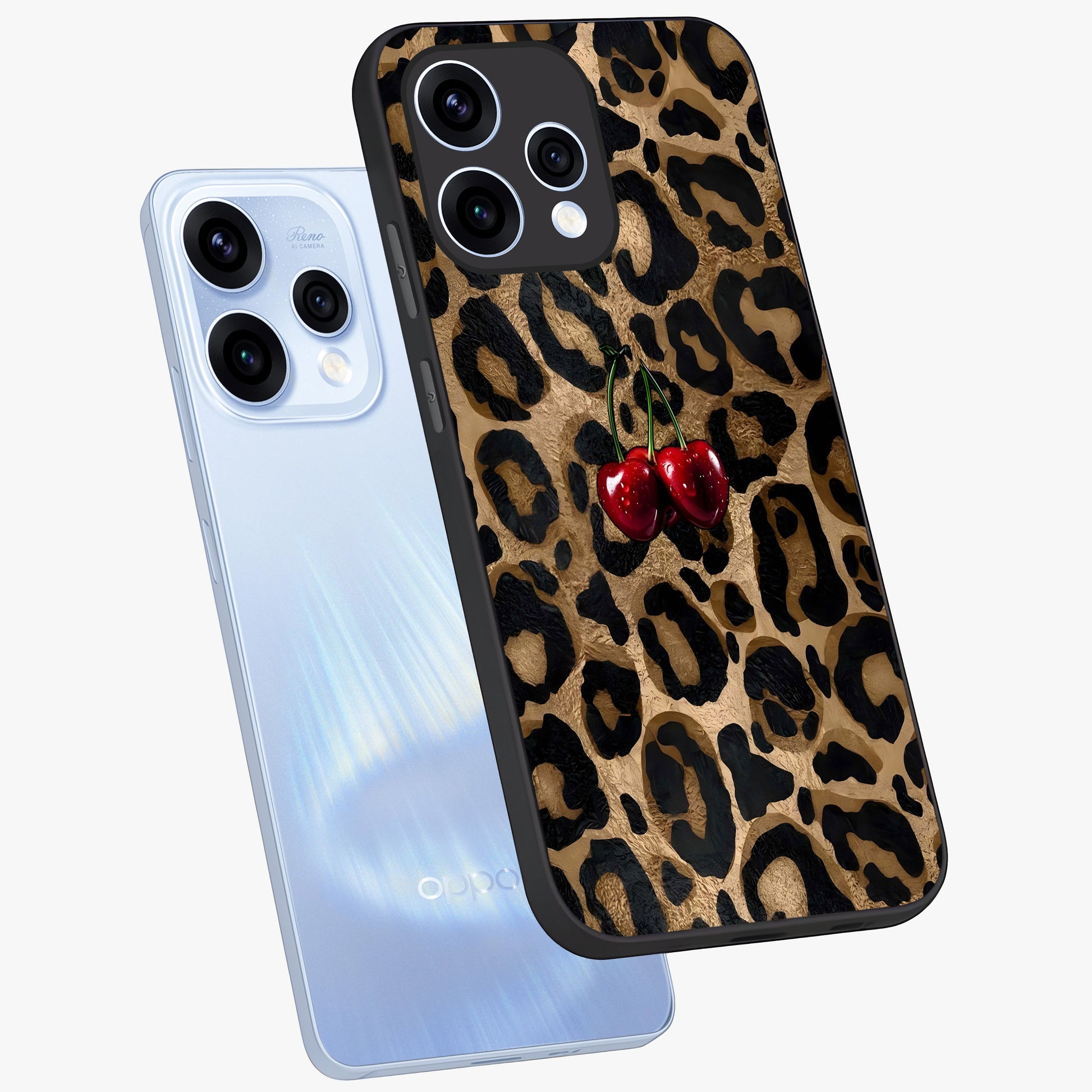 Leopard Wild Cherry Glass Case displayed in angled mockup highlighting bold animal print design with playful cherry aesthetic.