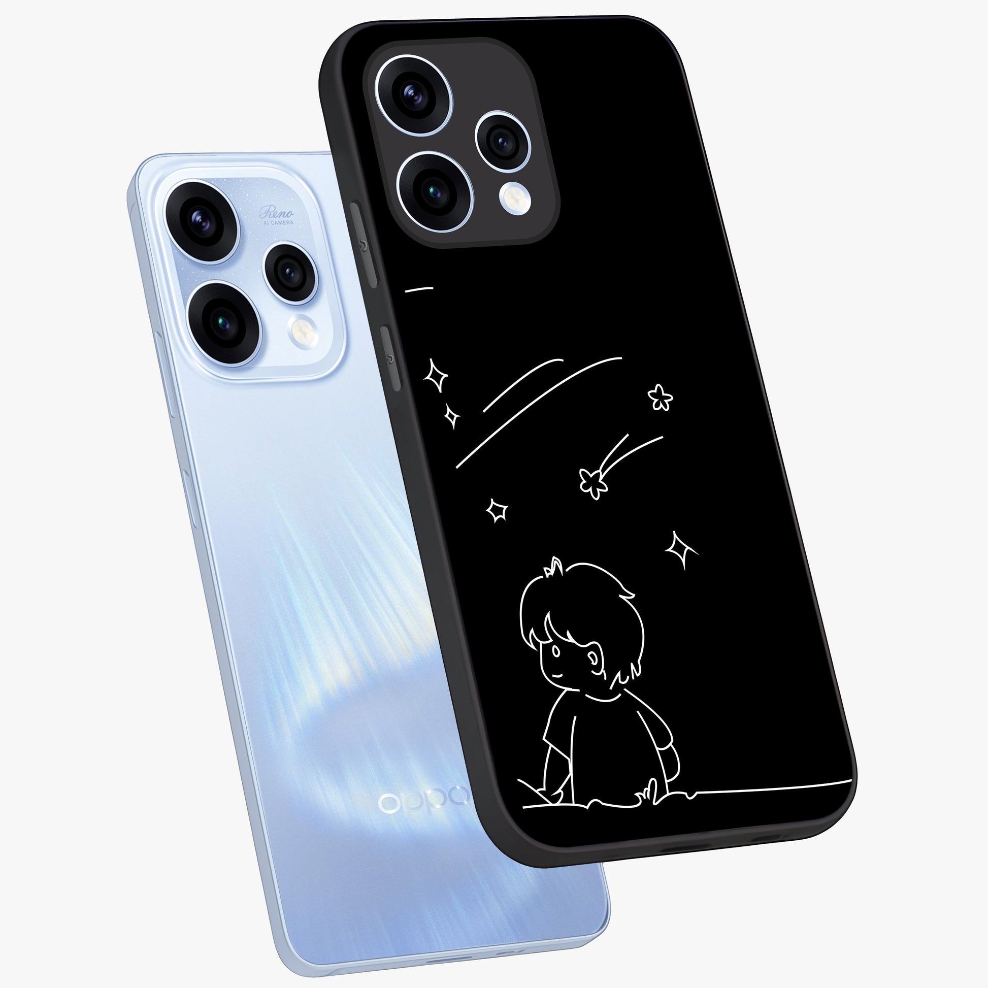 Line Art Boy With Shooting Stars Glass Case displayed in angled mockup highlighting elegant line art design with dreamy star aesthetic.
