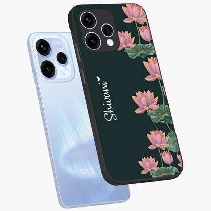 Lotus Bloom Serenity Custom Name Glass Case displayed in angled mockup highlighting graceful lotus illustration with custom name feature.