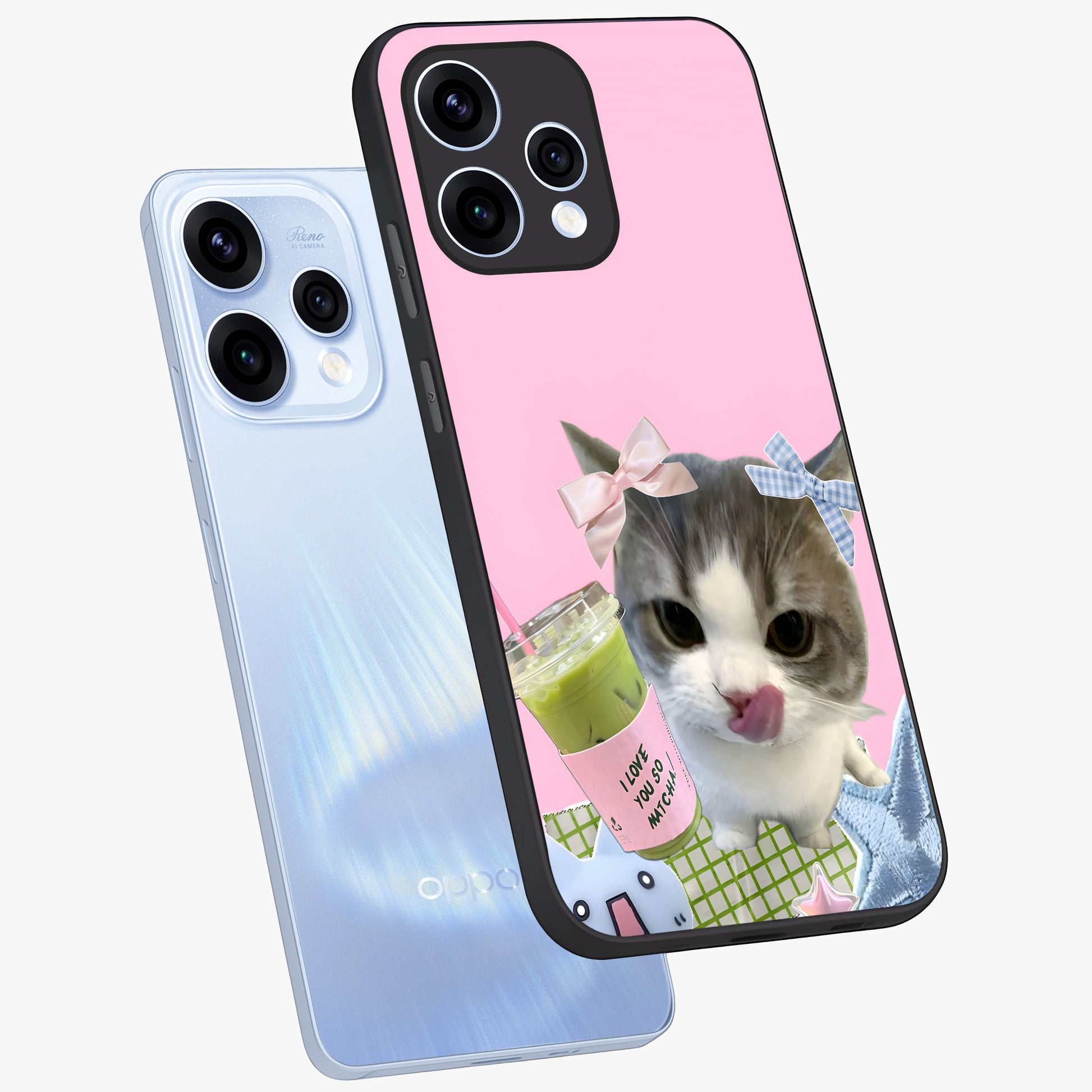 Love Matcha Cat Glass Case displayed in angled mockup highlighting playful feline illustration with cozy matcha aesthetic.