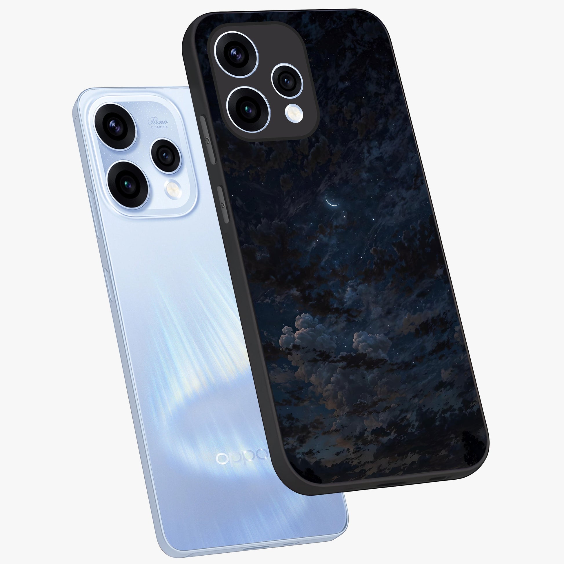 Lunar Veil Silence Glass Case displayed in angled mockup highlighting soft lunar design with peaceful celestial aesthetic.