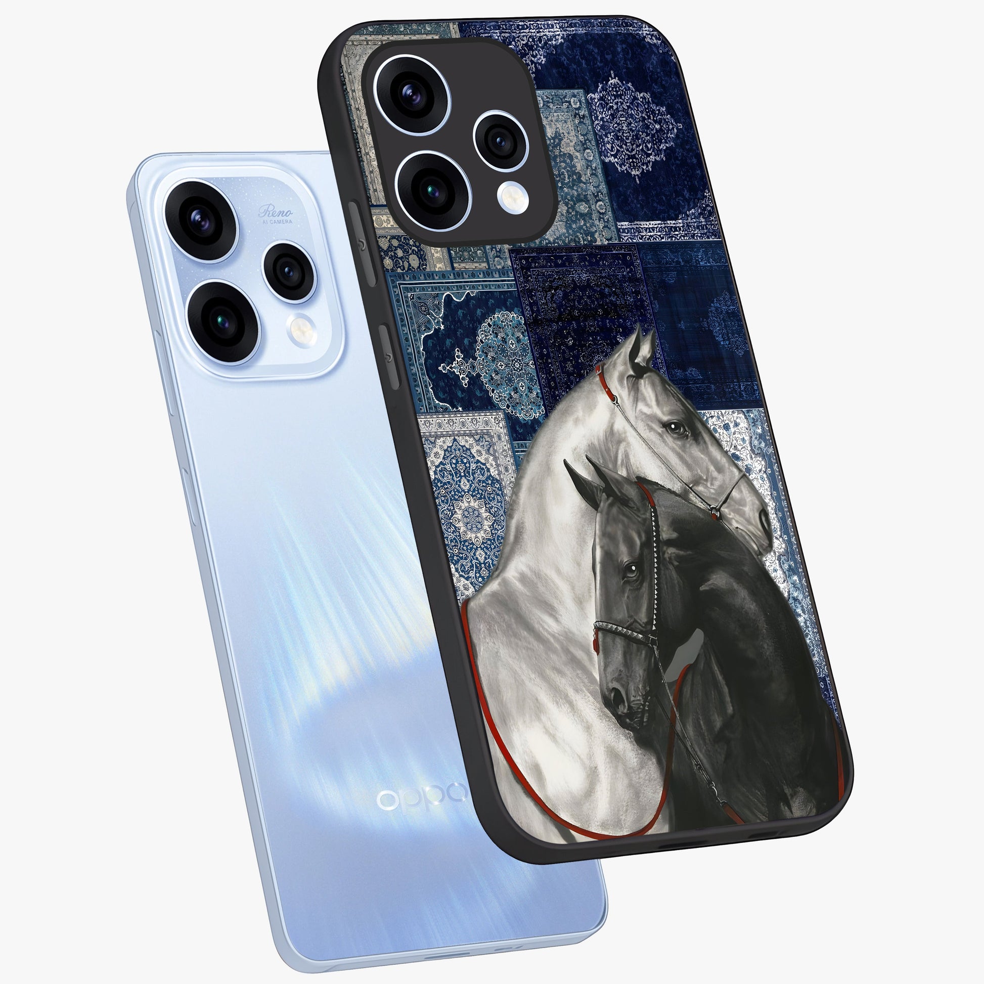 Midnight Stallion Blues Glass Case displayed in angled mockup highlighting powerful stallion illustration with deep midnight tones.