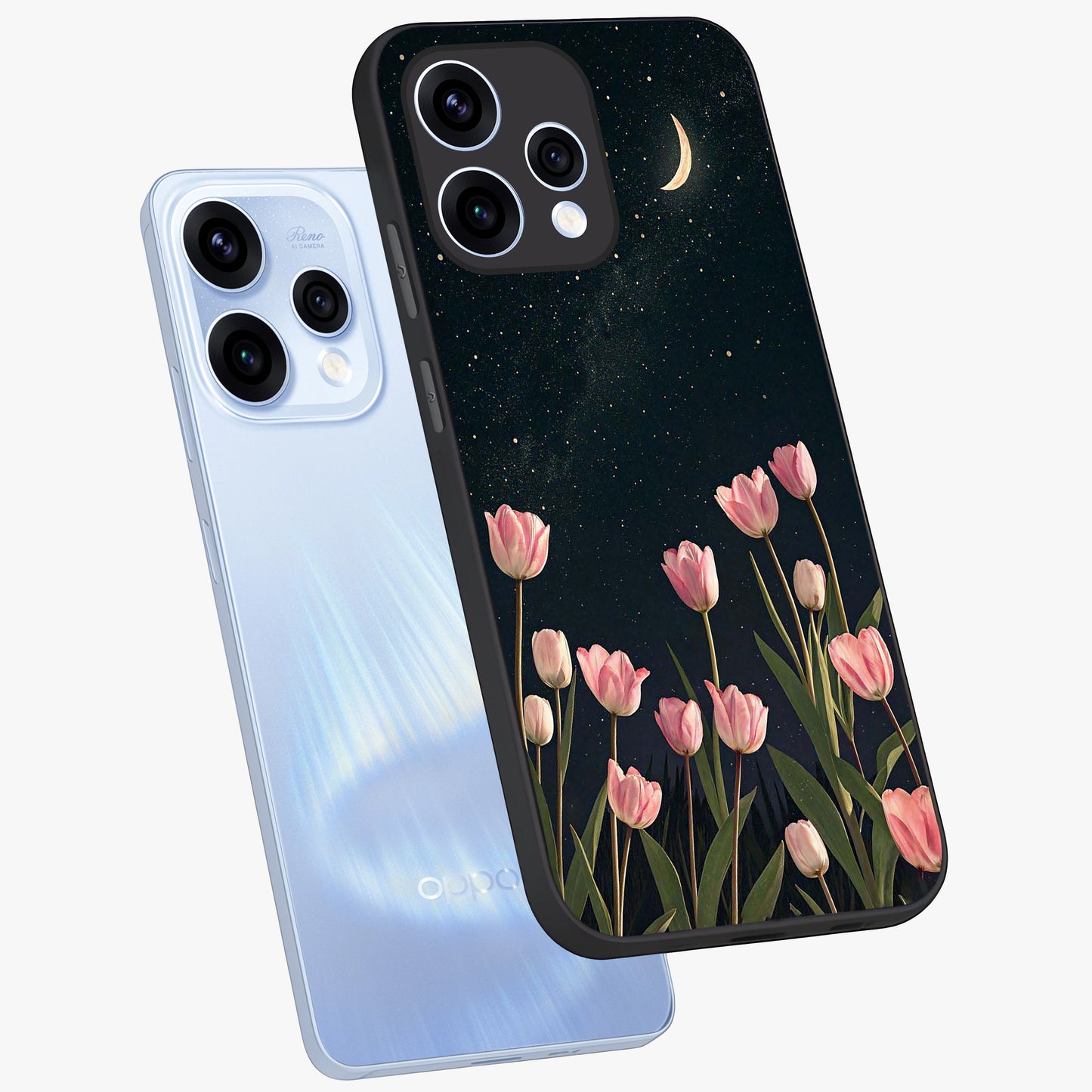 Midnight Tulip Whispers Vibe Glass Case displayed in angled mockup highlighting delicate tulip design with midnight floral aesthetic.