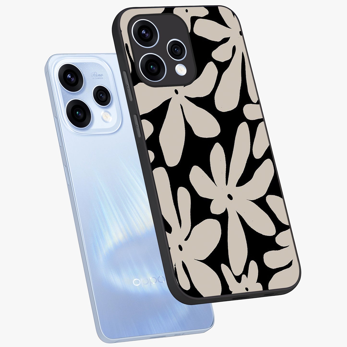 Monochrome Petal Dance Glass Case displayed in angled mockup highlighting elegant petal design with black and white aesthetic.