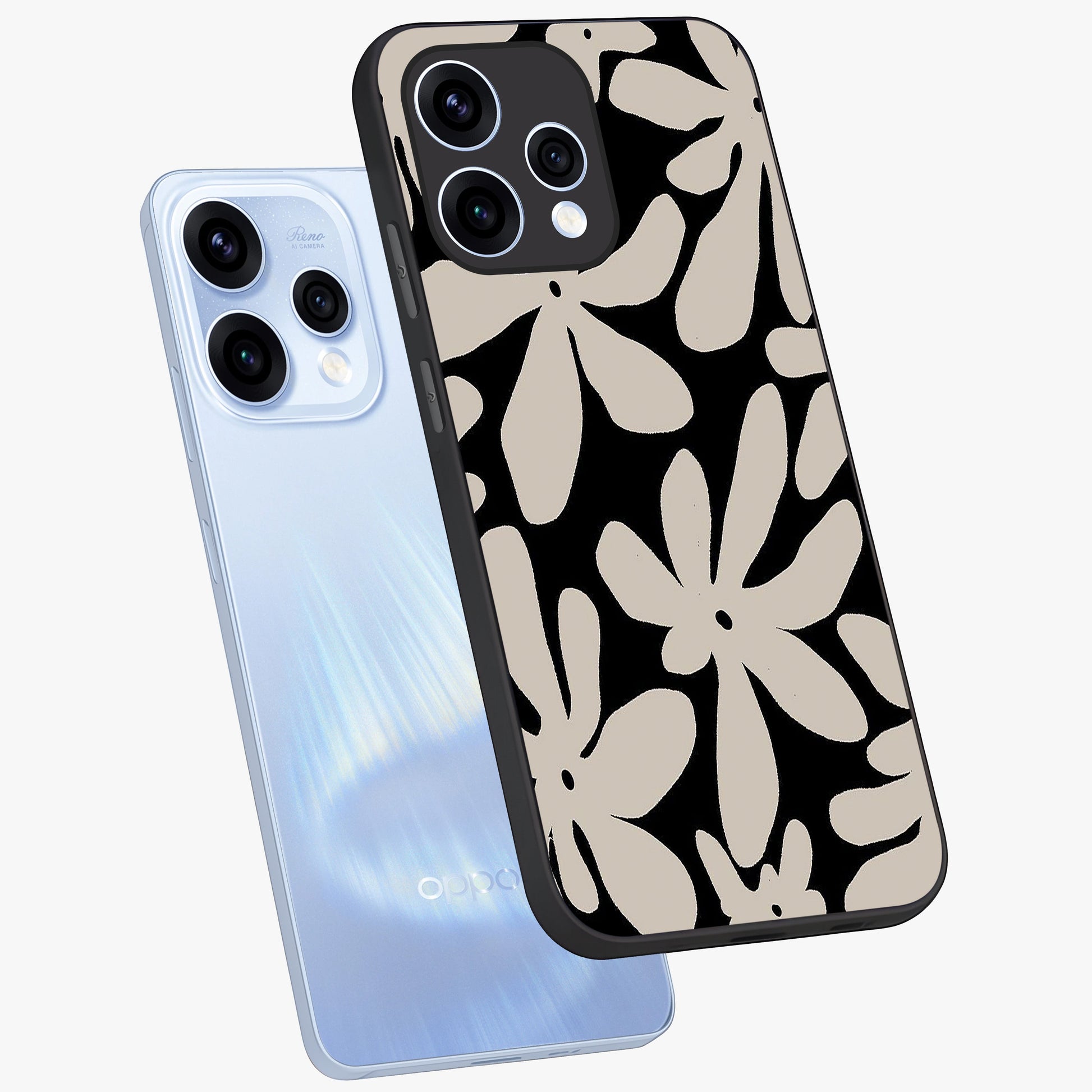 Monochrome Petal Dance Glass Case displayed in angled mockup highlighting elegant petal design with black and white aesthetic.