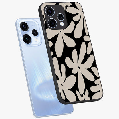 Monochrome Petal Dance Glass Case displayed in angled mockup highlighting elegant petal design with black and white aesthetic.