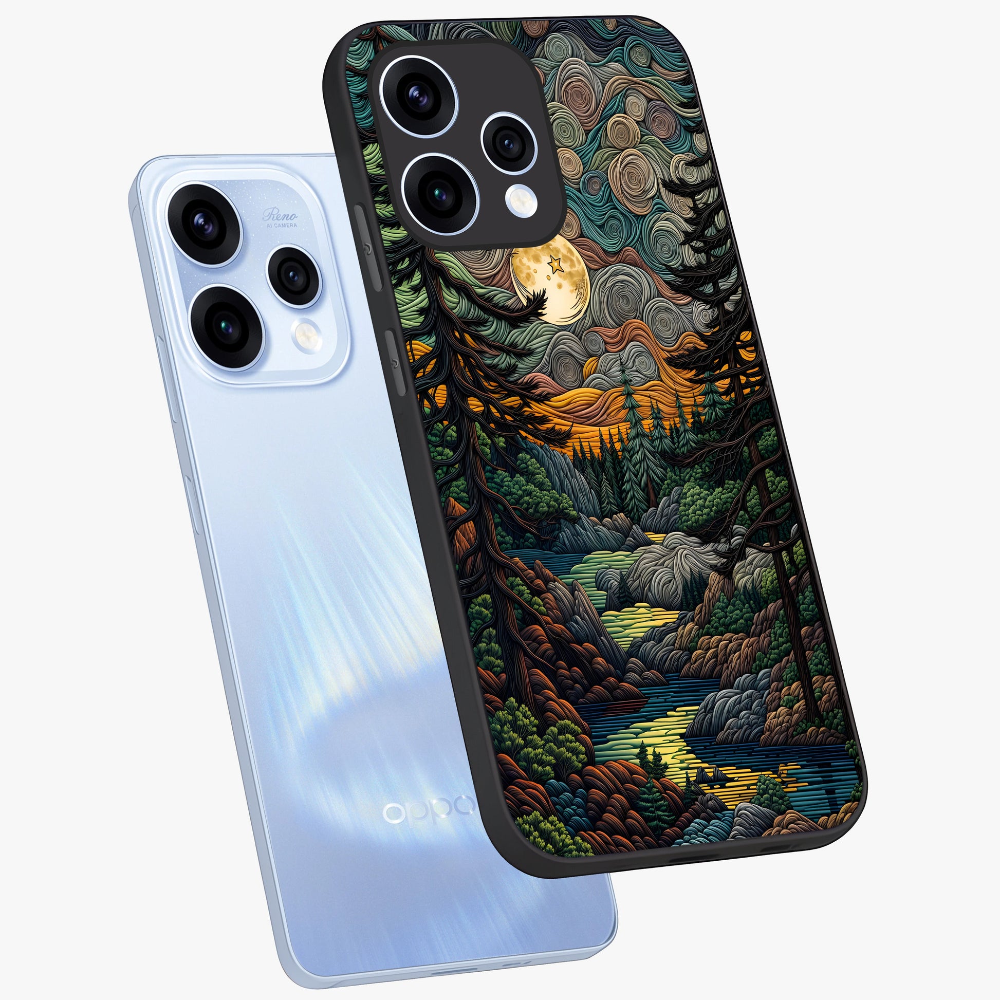 Moonlight Forest Dream Glass Case displayed in angled mockup highlighting dreamy forest design with glowing moon aesthetic.