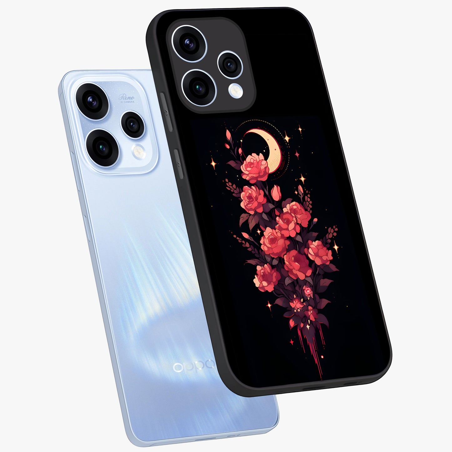 Moonlit Floral Elegance Glass Case displayed in angled mockup highlighting graceful flower design with soft moonlight aesthetic.