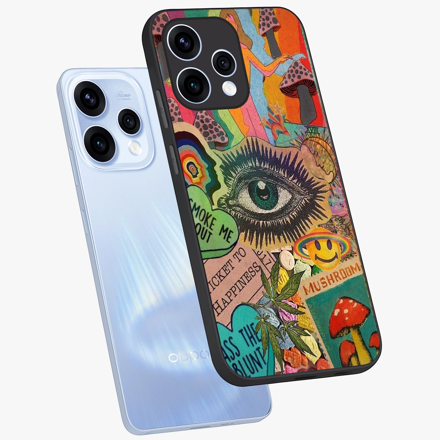 Mystic Eye Wonderland Glass Case displayed in angled mockup highlighting magical eye illustration with dreamy aesthetic.