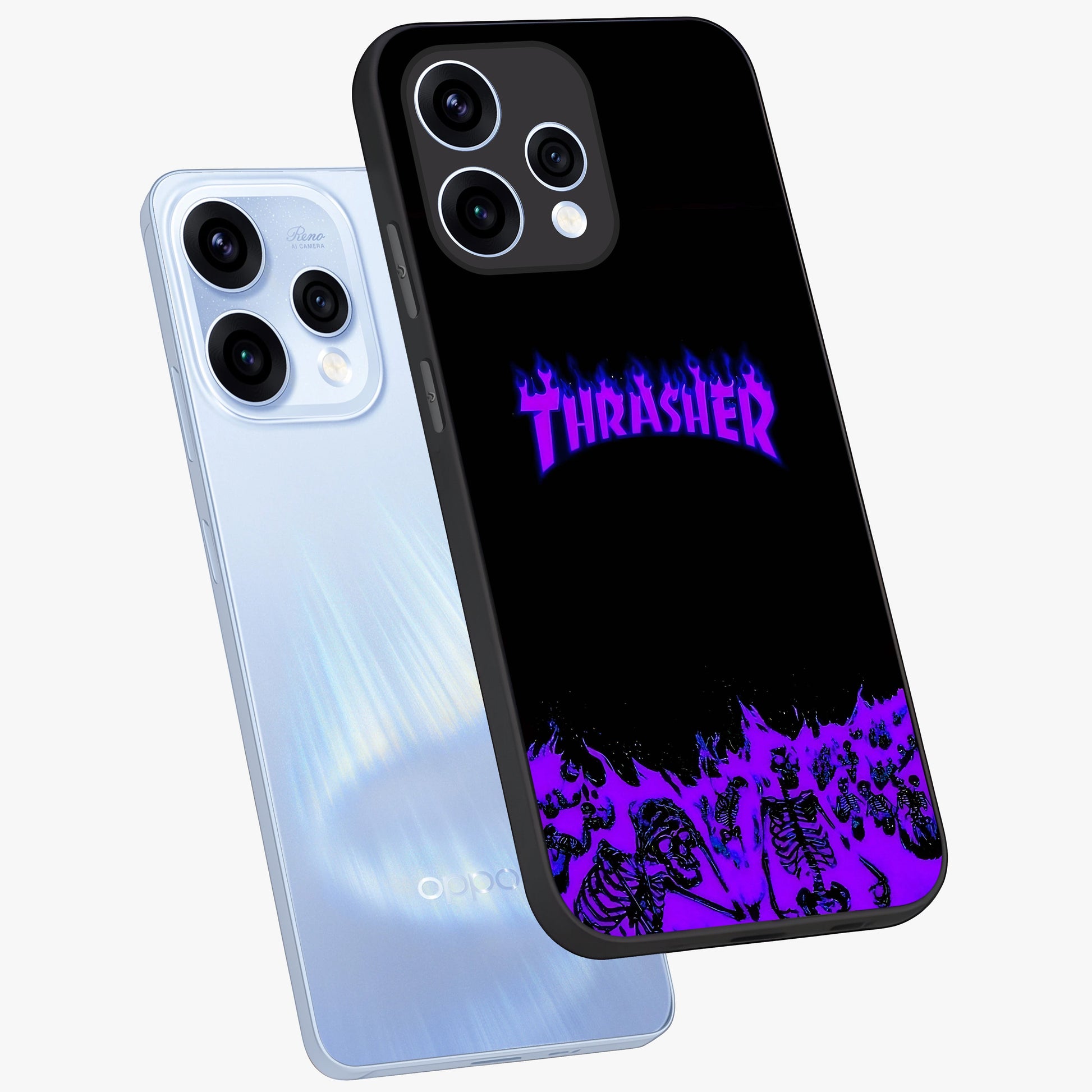 Neon Flame Riot Glass Case displayed in angled mockup highlighting glowing flame design with vibrant neon aesthetic.