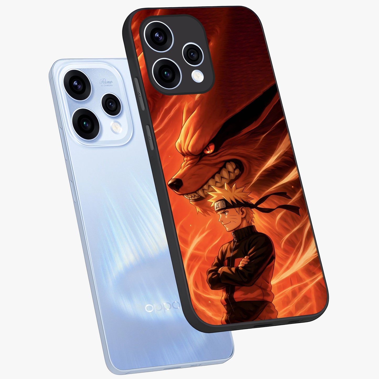 Nine Tails Legacy Glass Case displayed in angled mockup highlighting dynamic anime beast illustration with bold mystical aesthetic.
