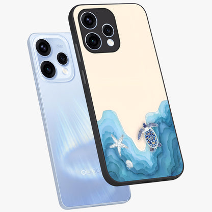 Ocean Drift Turtle Glass Case displayed in angled mockup highlighting peaceful ocean turtle illustration with marine aesthetic.