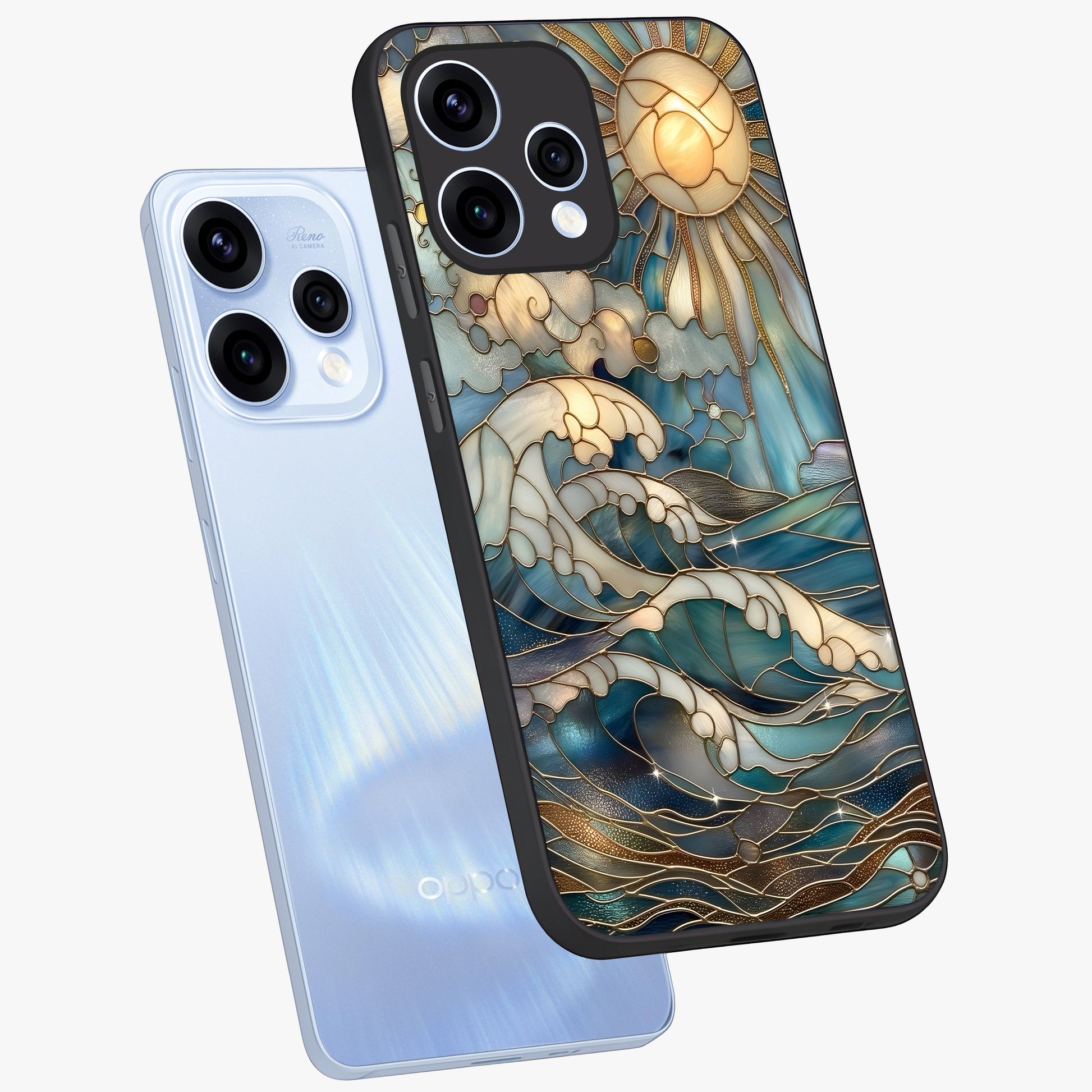 Oceanic Stained Printed Glass Case displayed in angled mockup highlighting colorful aquatic design with artistic aesthetic style.