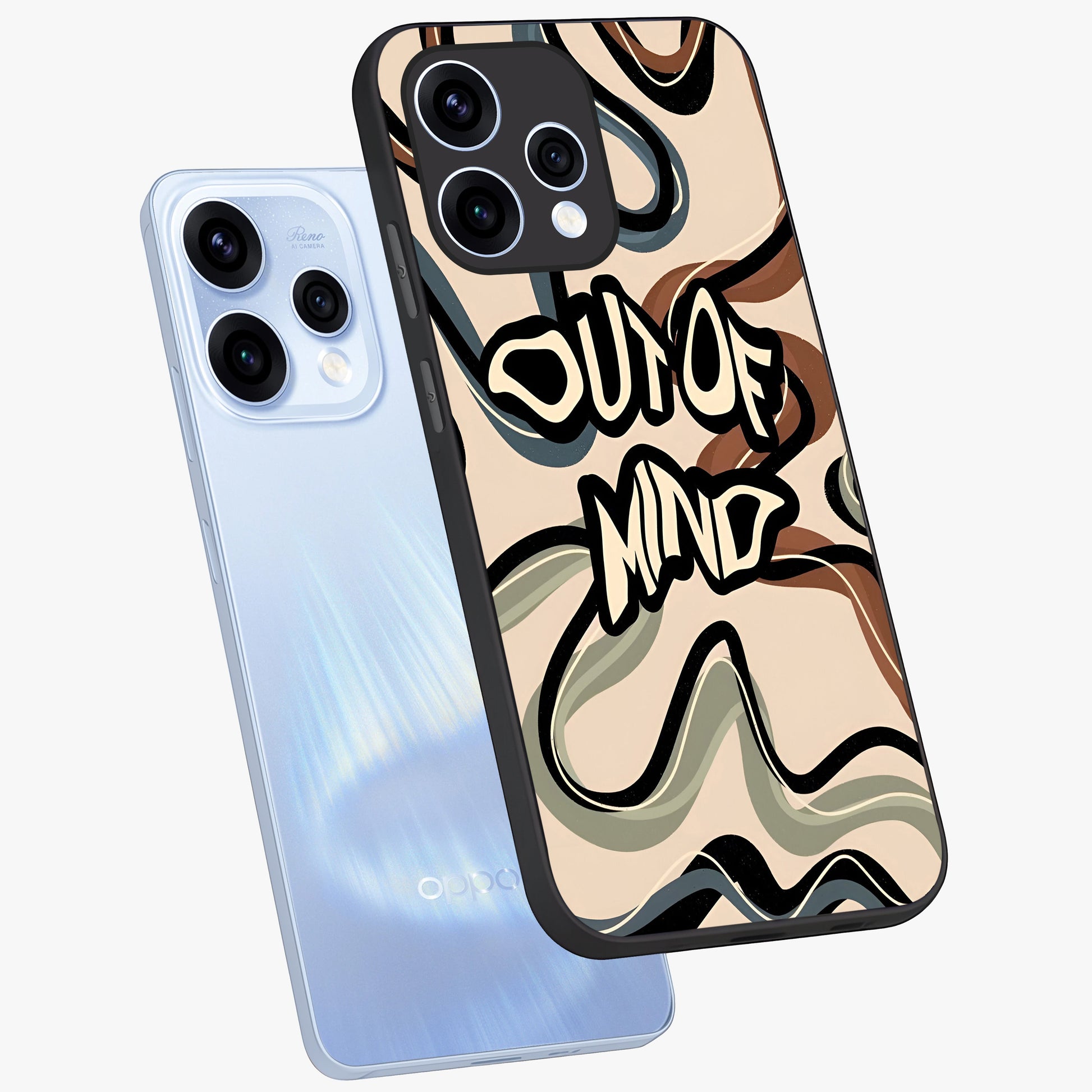 Out Of Mind Glass Case displayed in angled mockup highlighting bold statement design with modern artistic aesthetic.