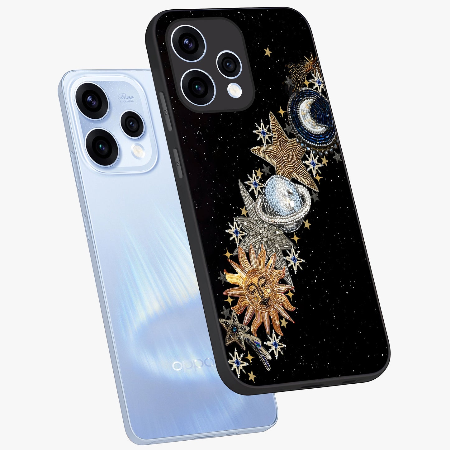 Pearls Universe Object Glass Case displayed in angled mockup highlighting celestial pearl design with dreamy aesthetic.