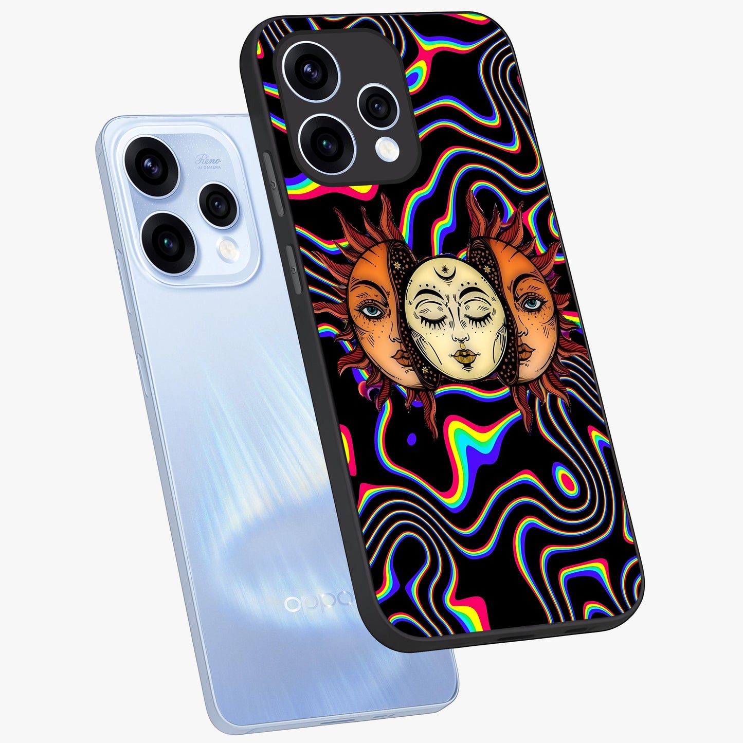 Psychedelic Sun Glass Case displayed in angled mockup highlighting vibrant abstract sun design with artistic aesthetic style.