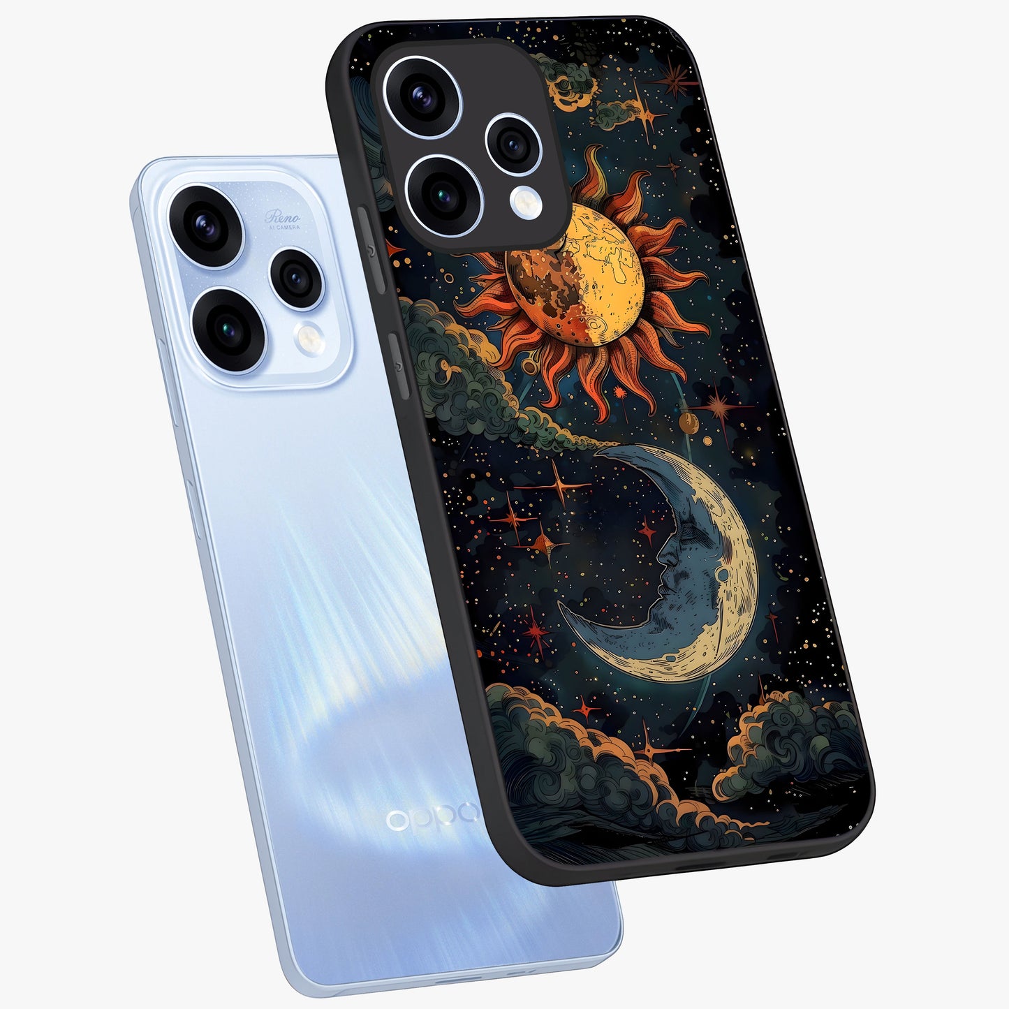 Sun And Moon Magic Design Glass Case displayed in angled mockup highlighting celestial design with magical cosmic aesthetic.