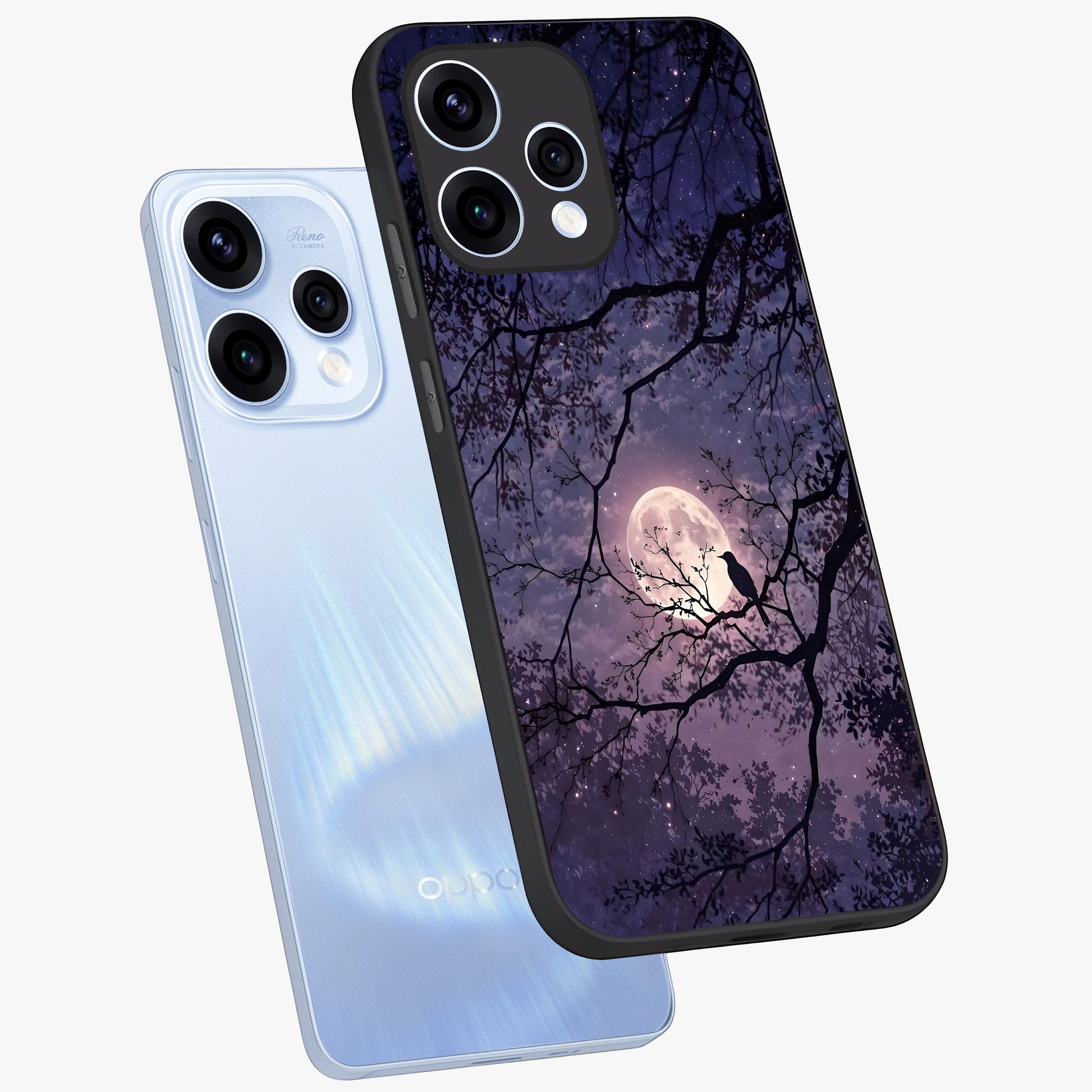 Whispering Moon Silence Glass Case displayed in angled mockup highlighting calm lunar design with dreamy night aesthetic.