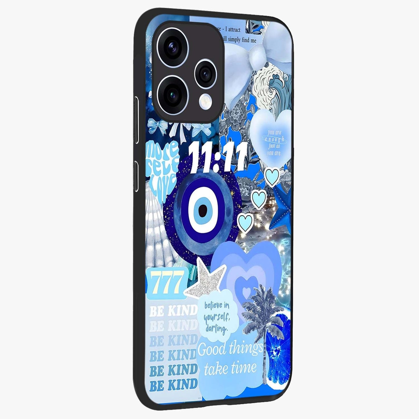Aesthetic Be Kind Eye Glass Case upright view showcasing stylish eye illustration with positive message theme.