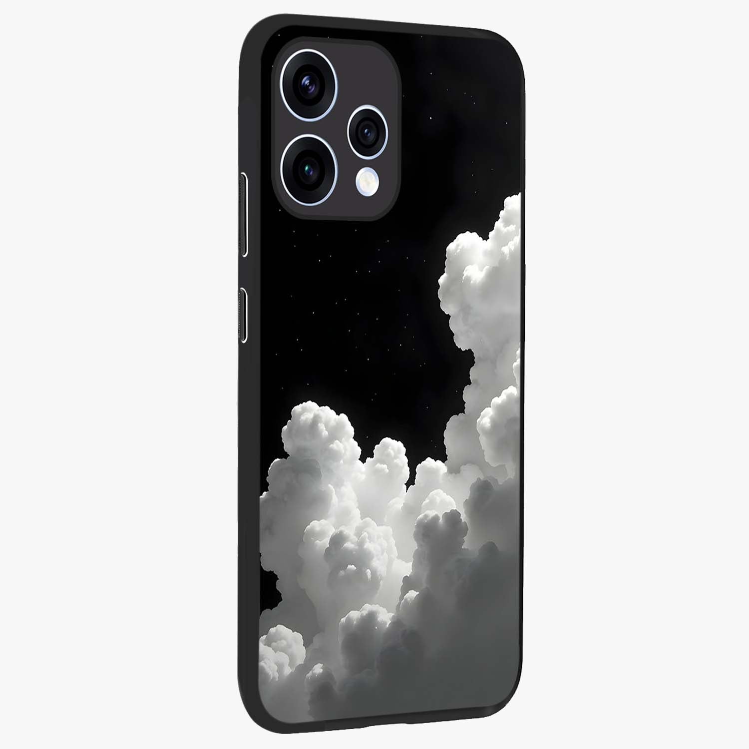 Black Background With White Cloud Glass Case upright view showcasing calm cloud aesthetic with modern minimal style.
