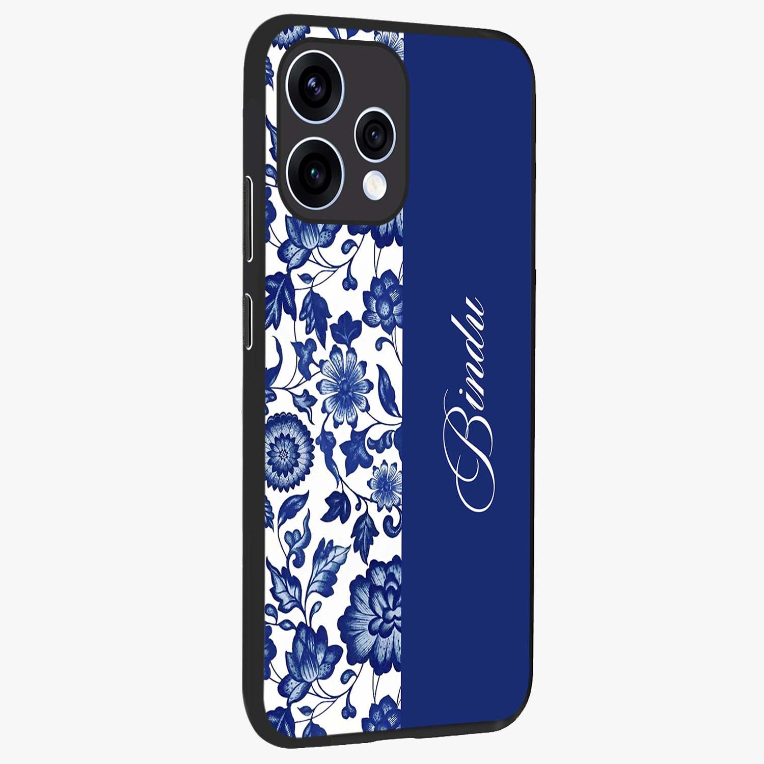 Blue Vintage Floral Pattern Glass Case upright view showcasing delicate blush floral texture with modern minimal style.