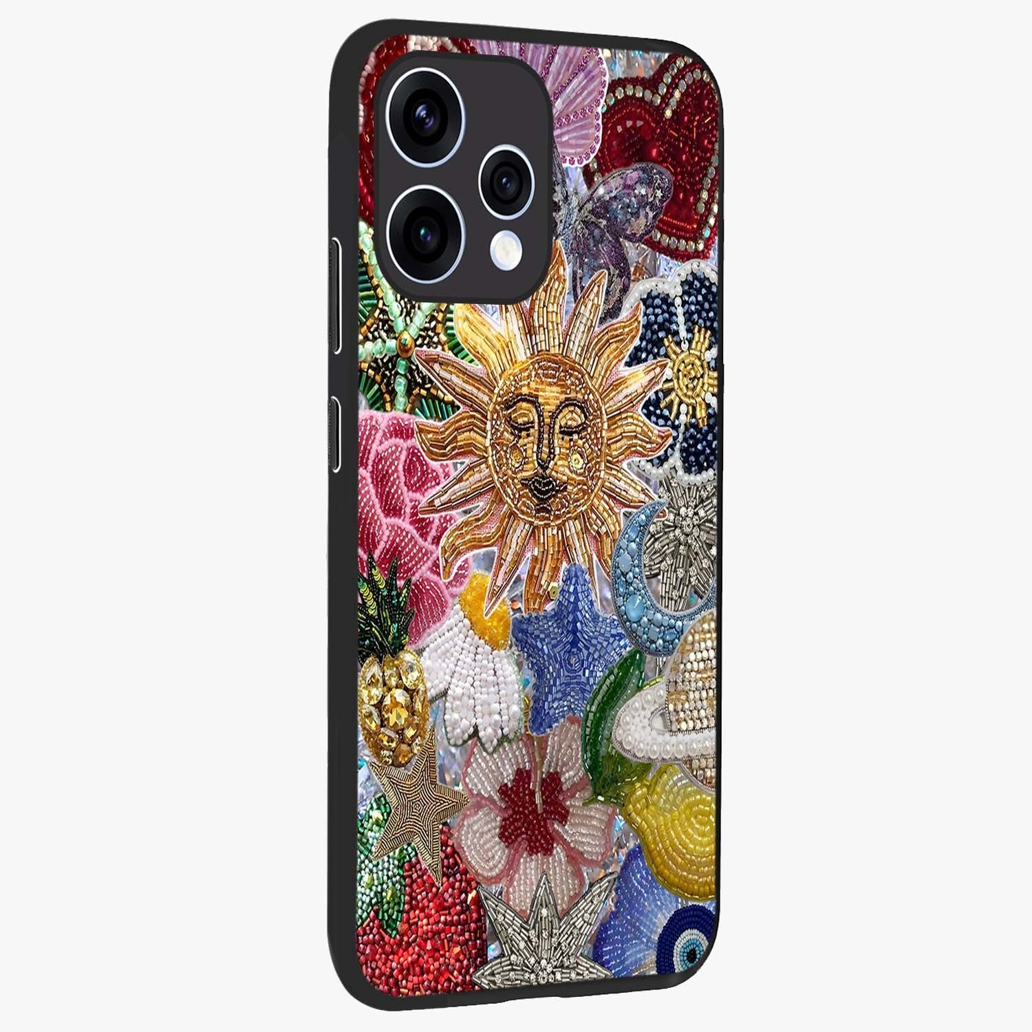 Celestial Floral and Playful Glass Case upright view showcasing whimsical floral artwork with cosmic aesthetic theme.