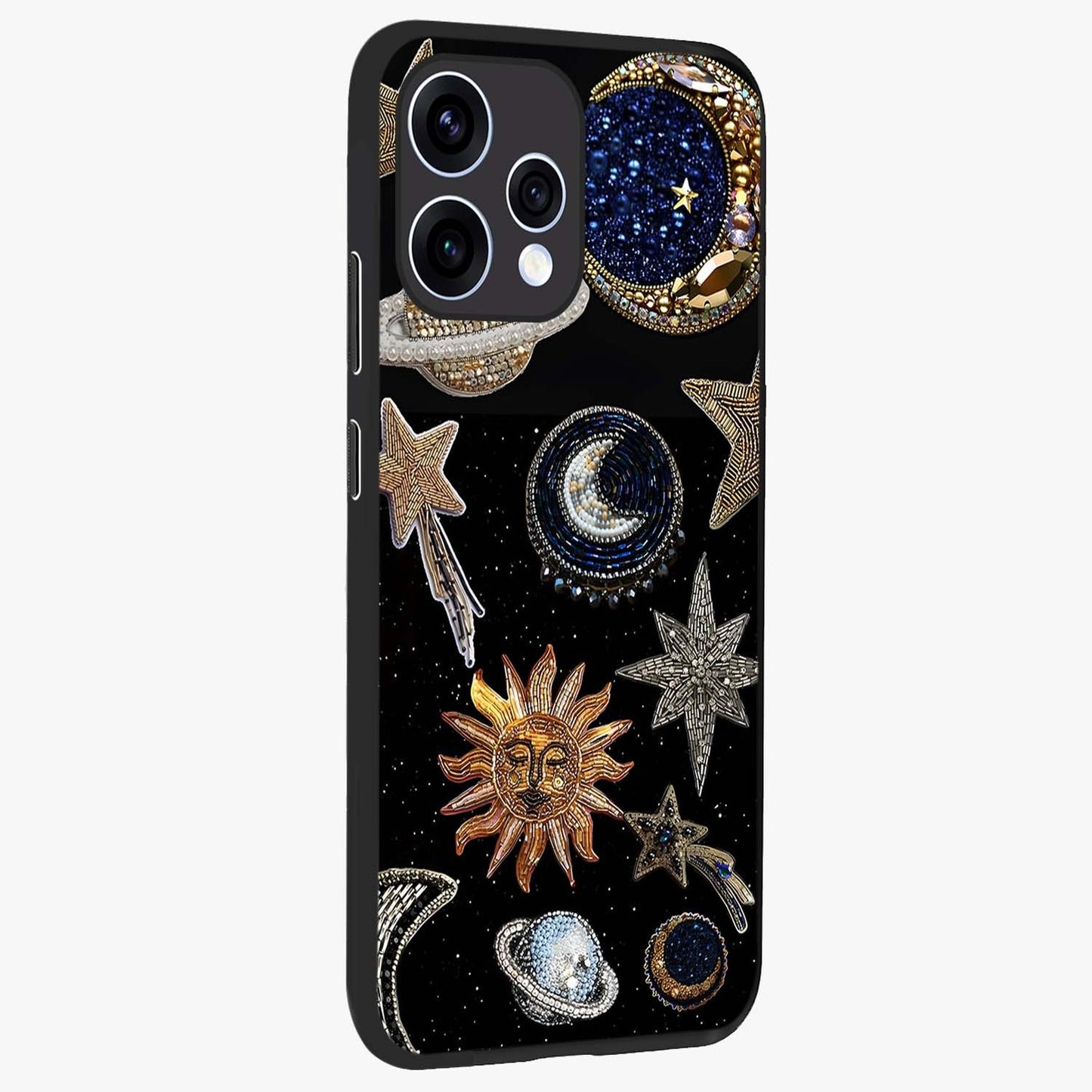 Celestial Gem Constellations Glass Case upright view showcasing cosmic constellation artwork with celestial aesthetic style.