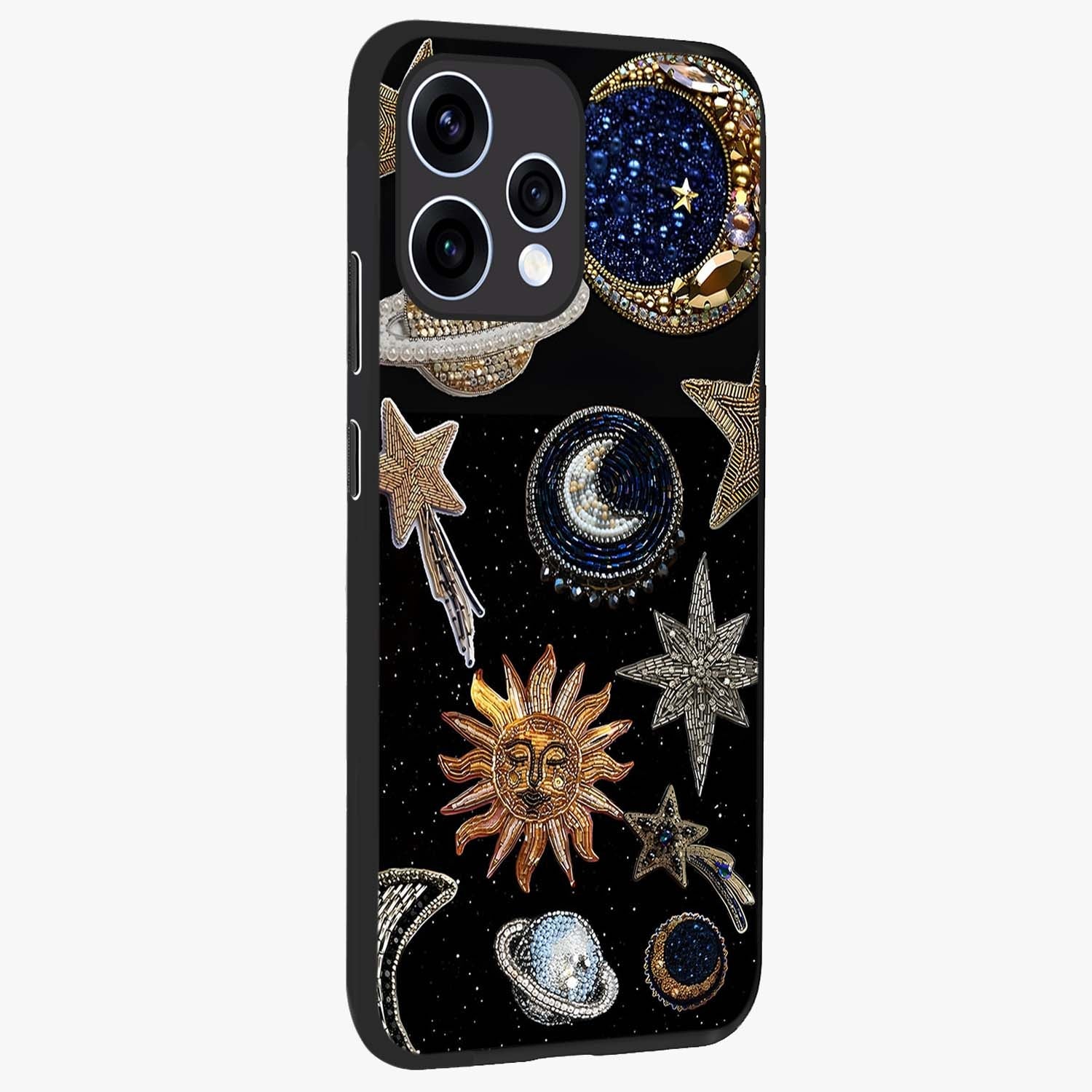 Celestial Gem Constellations Glass Case upright view showcasing cosmic constellation artwork with celestial aesthetic style.