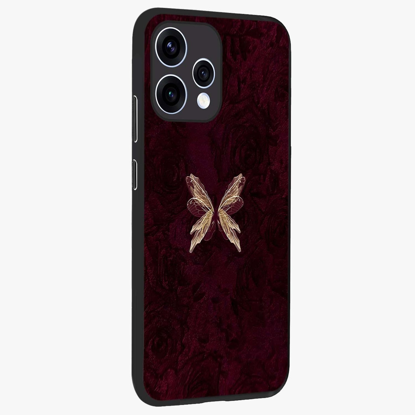 Crimson Fade Butterfly Glass Case upright view showcasing graceful butterfly artwork with soft crimson fade effect.