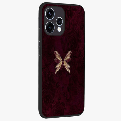 Crimson Fade Butterfly Glass Case upright view showcasing graceful butterfly artwork with soft crimson fade effect.