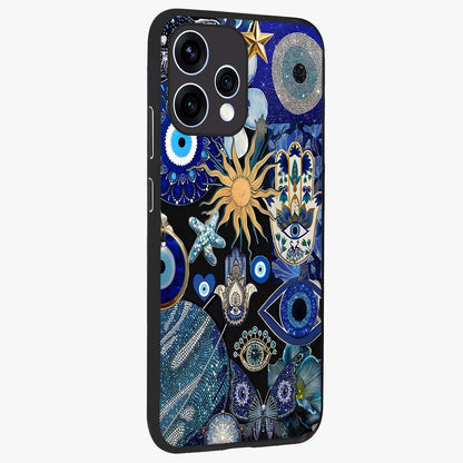 Evil Eye Charm Mix Glass Case upright view showcasing mystical evil eye pattern with vibrant decorative style.