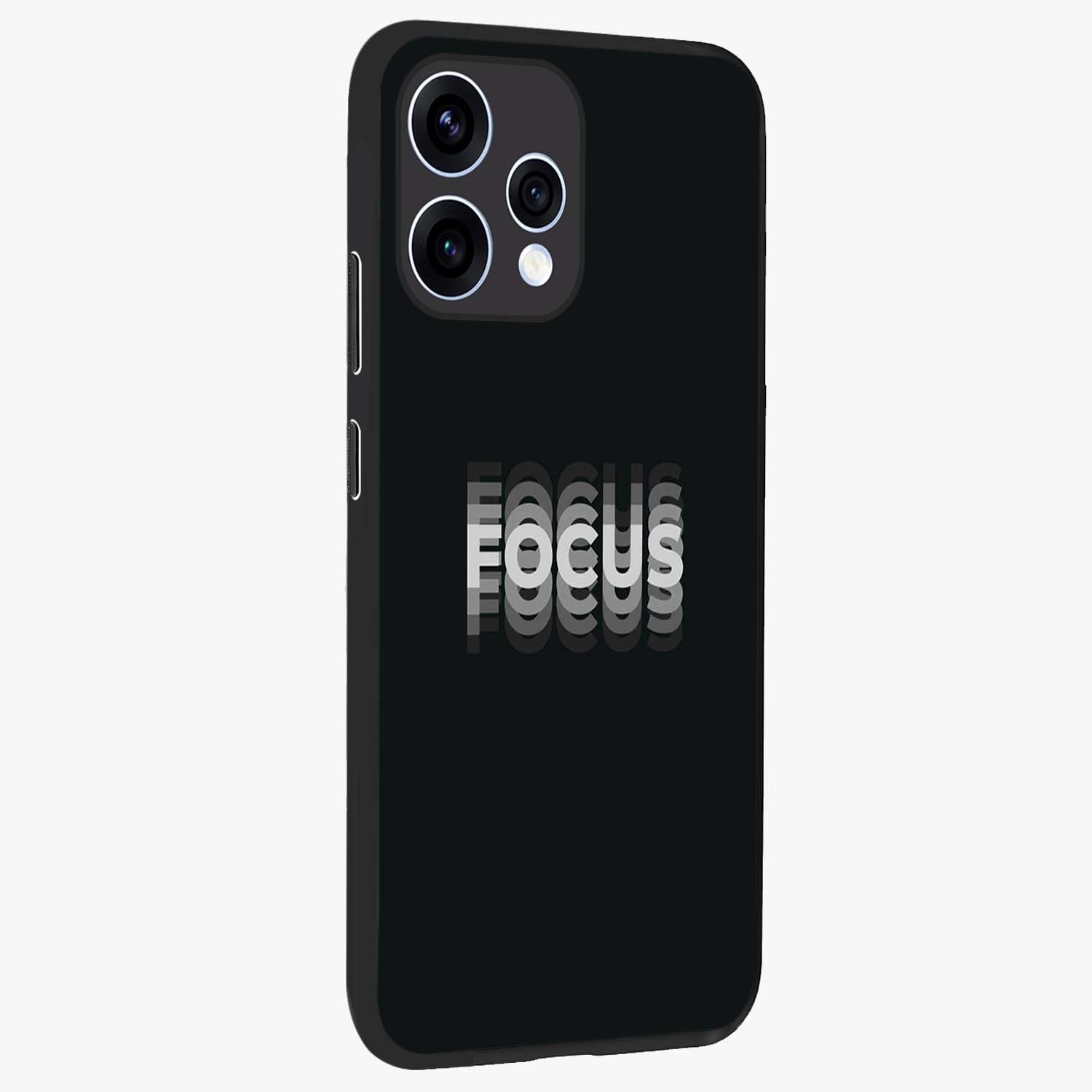 Focus Mode On Glass Case upright view showcasing strong typography statement with sleek motivational theme.