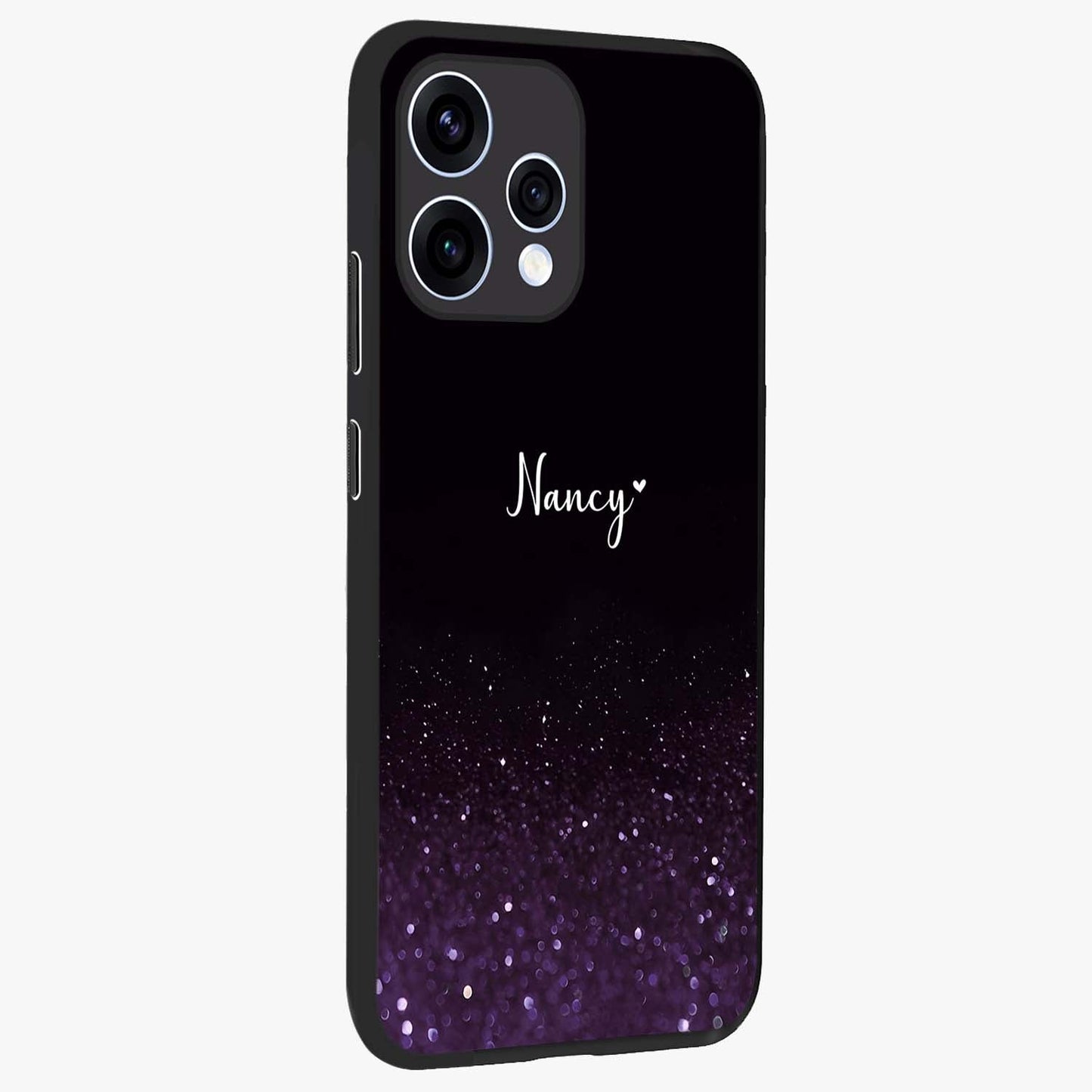 Glittery Purple Bokeh Custom Name Glass Case upright view showcasing vibrant purple sparkle artwork with personalized aesthetic style.