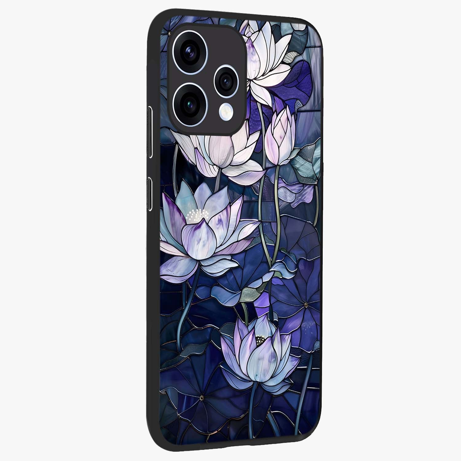 Gloss Petal Rush Glass Case upright view showcasing dynamic floral petal artwork with modern botanical theme.